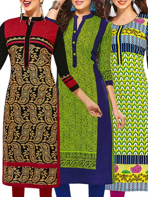 set of 3 multi colored cotton unstitched kurta - 13353425 - Very Small Image - 1