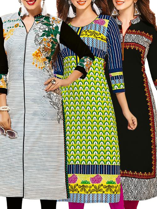 set of 3 multi colored cotton unstitched kurta - 13353429 - Very Small Image - 1