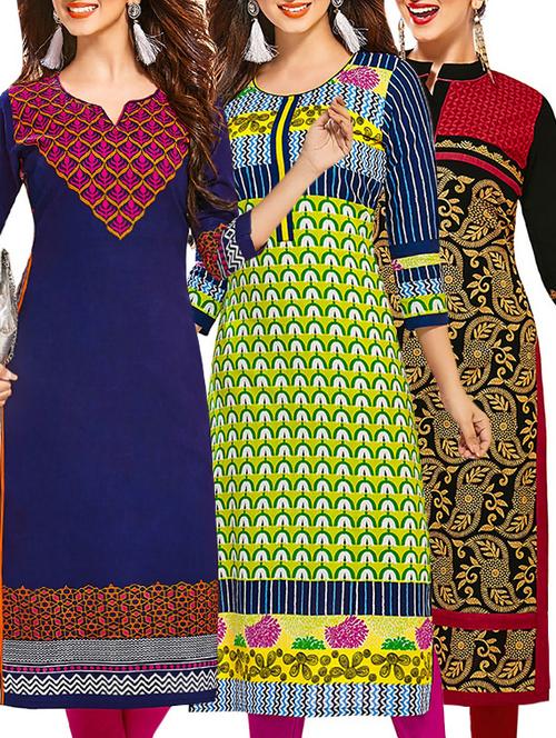 set of 3 multi colored cotton unstitched kurta - 13353458 - Very Small Image - 1