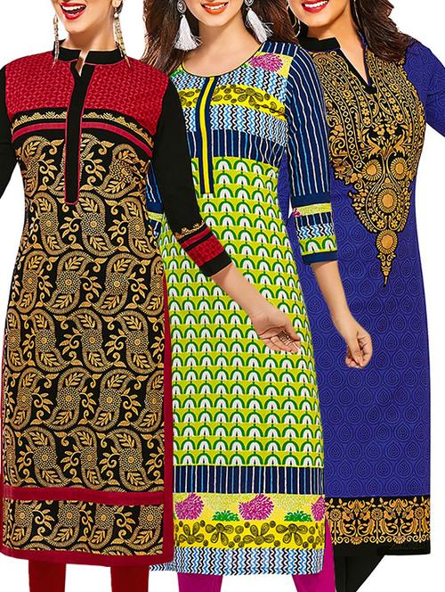 set of 3 multi colored cotton unstitched kurta - 13353459 - Very Small Image - 1