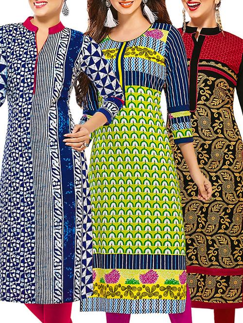 set of 3 multi colored cotton unstitched kurta - 13353464 - Very Small Image - 1