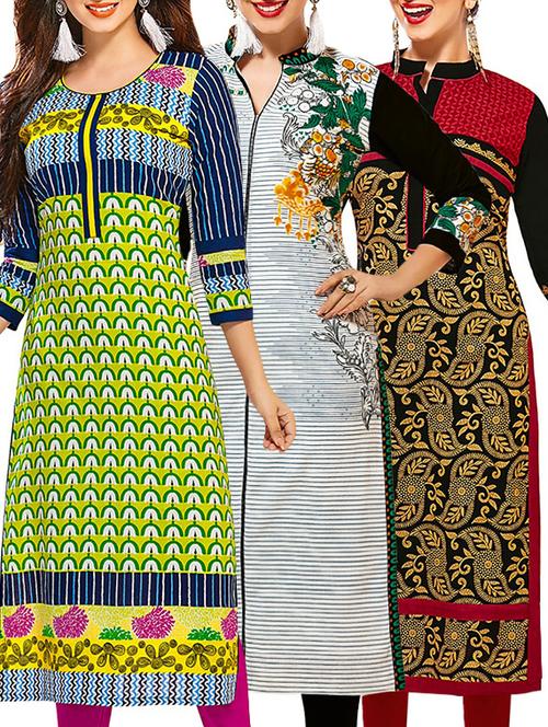 set of 3 multi colored cotton unstitched kurta - 13353470 - Very Small Image - 1