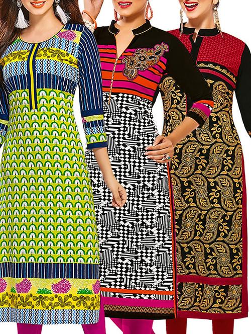 set of 3 multi colored cotton unstitched kurta - 13353473 - Very Small Image - 1
