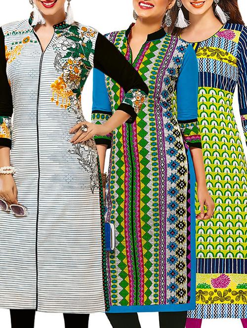 set of 3 multi colored cotton unstitched kurta - 13353478 - Very Small Image - 1