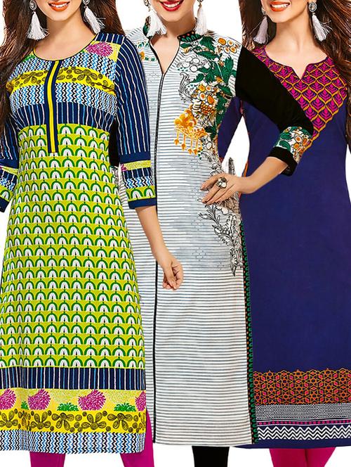 set of 3 multi colored cotton unstitched kurta - 13353484 - Very Small Image - 1