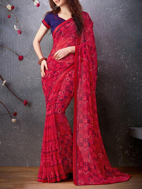 red georgette printed saree - 13356651 - Very Small Image - 1