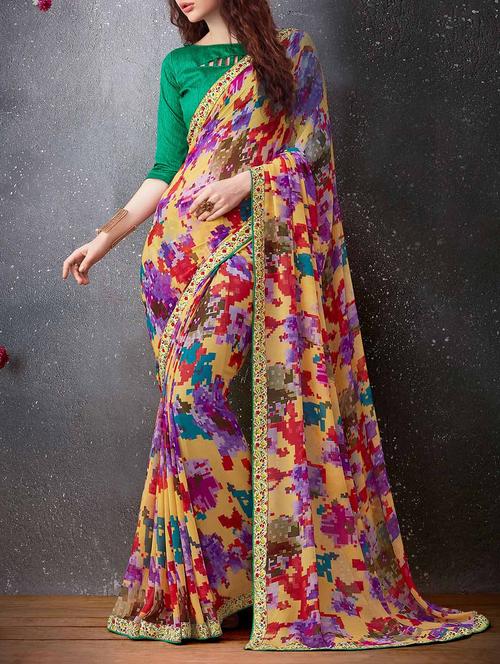 yellow georgette printed saree - 13356665 - Very Small Image - 1