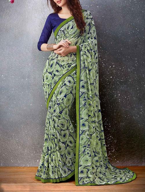 green georgette printed saree - 13356666 - Very Small Image - 1