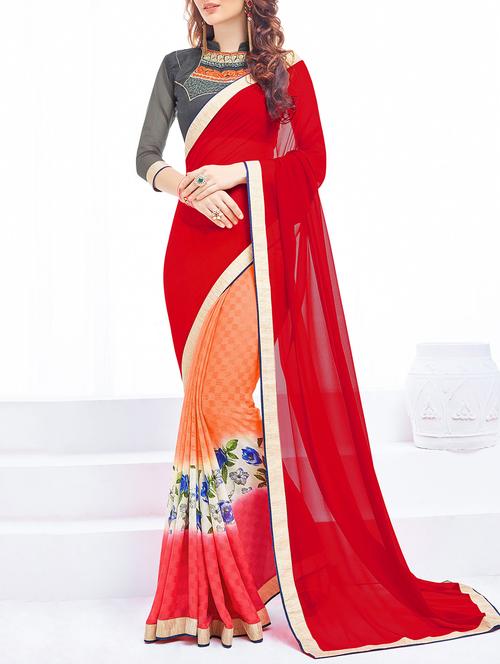 red georgette half and half saree - 13356675 - Very Small Image - 1