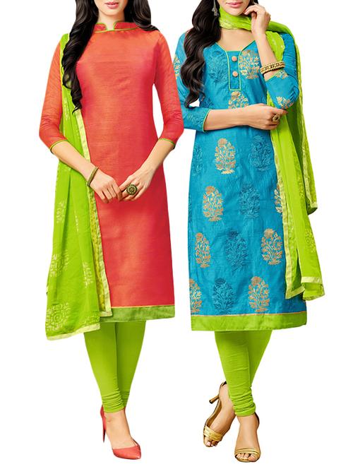 orange art silk printed churidaar suit combos dress material - 13362234 - Very Small Image - 1