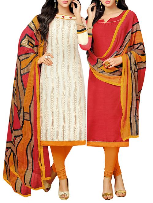 beige art silk printed churidaar suit combos dress material - 13362239 - Very Small Image - 1