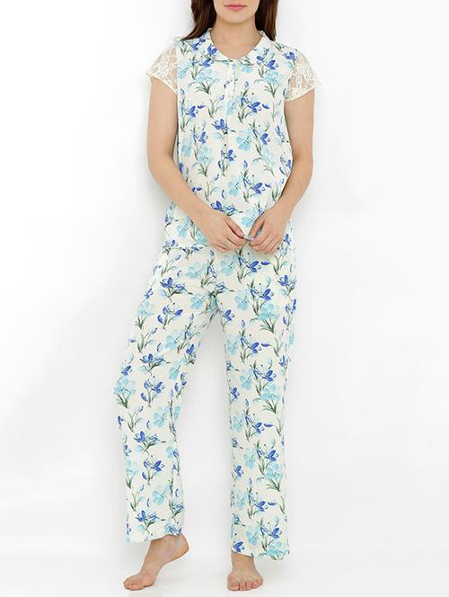 blue floral printed crepe pyjama set - 13362415 - Very Small Image - 1