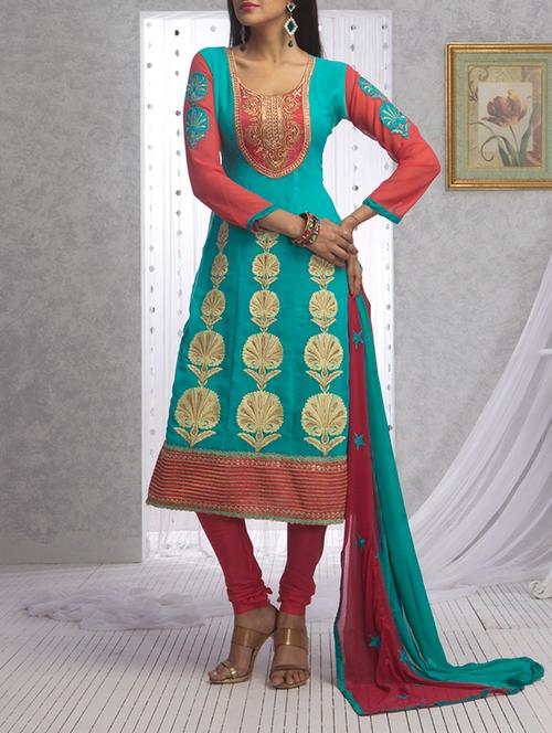 turquoise georgette unstitched suit - 13363781 - Very Small Image - 1