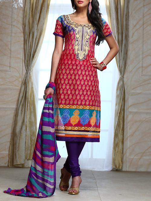 red cotton unstitched suit - 13363831 - Very Small Image - 1