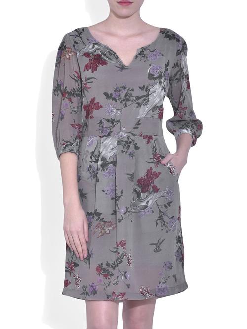 taupe floral printe a line dress - 1336408 - Very Small Image - 1