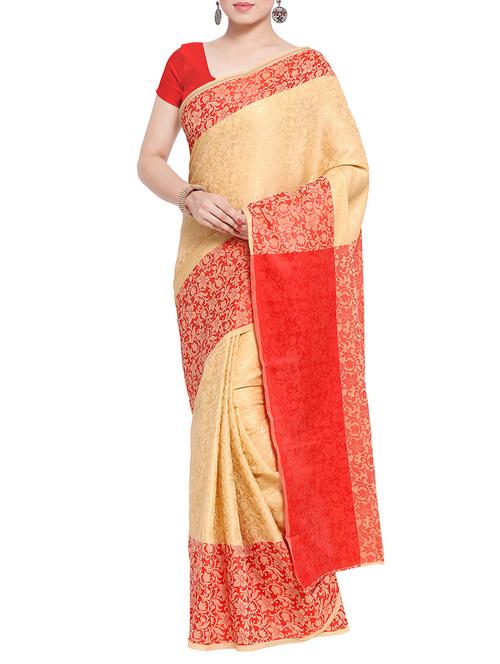 red cotton blend saree with blouse - 13370070 - Very Small Image - 1