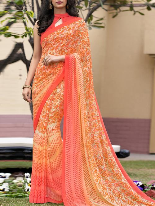 orange faux georgette printed saree with blouse - 13372098 - Very Small Image - 1