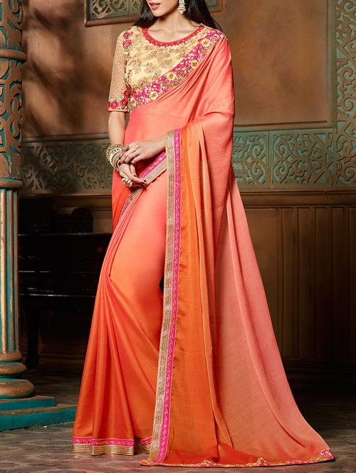 orange chiffon bordered saree with blouse - 13372147 - Very Small Image - 1