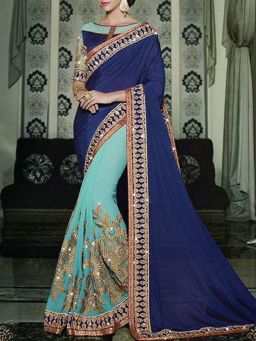 blue chiffon half and half saree with blouse - 13372165 - Very Small Image - 1