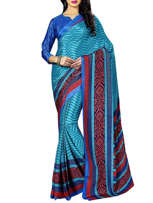 blue faux crepe printed saree with blouse - 13372556 - Very Small Image - 1
