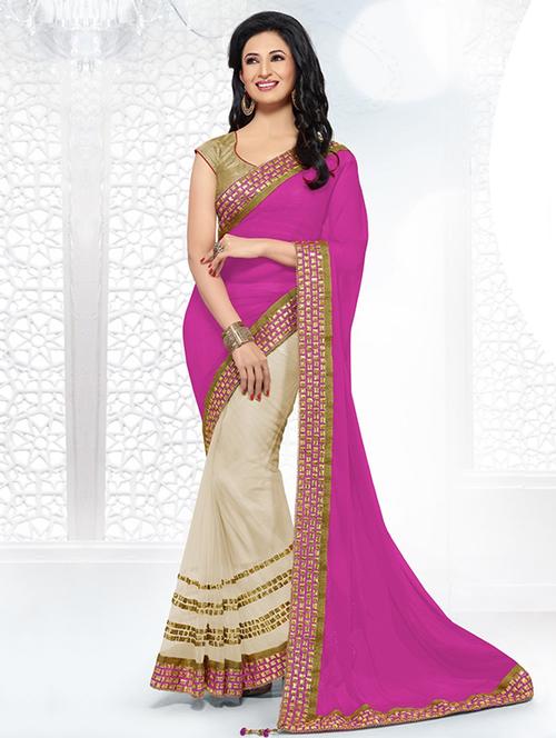 magenta chiffon half and half saree with blouse - 13373128 - Very Small Image - 1