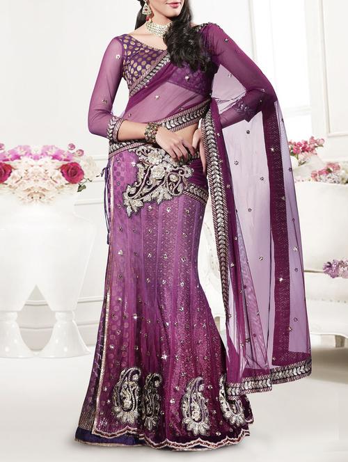 purple net saree with blouse - 13373170 - Very Small Image - 1