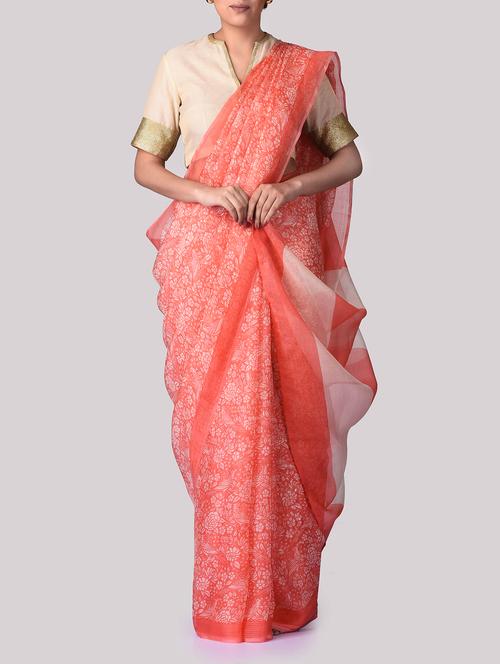 coral and white kota silk printed saree with blouse - 13375908 - Very Small Image - 1