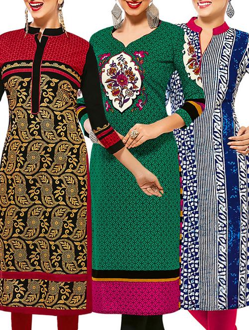 set of 3 multi colored cotton unstitched kurta - 13377359 - Very Small Image - 1