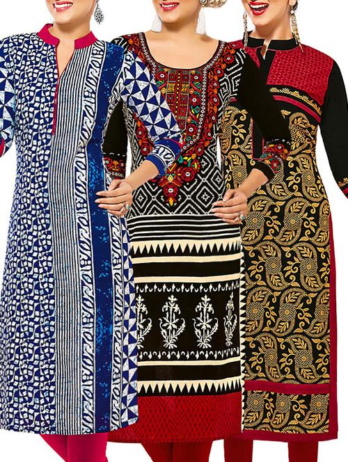 set of 3 multi colored cotton unstitched kurta - 13377366 - Very Small Image - 1