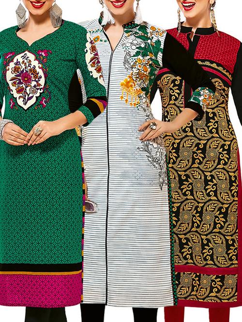 set of 3 multi colored cotton unstitched kurta - 13377375 - Very Small Image - 1