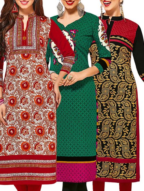 set of 3 multi colored cotton unstitched kurta - 13377379 - Very Small Image - 1