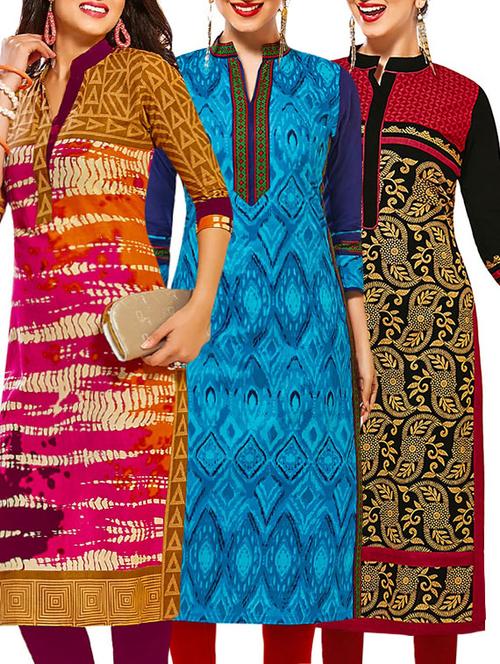 set of 3 multi colored cotton unstitched kurta - 13377410 - Very Small Image - 1