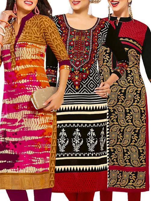 set of 3 multi colored cotton unstitched kurta - 13377411 - Very Small Image - 1
