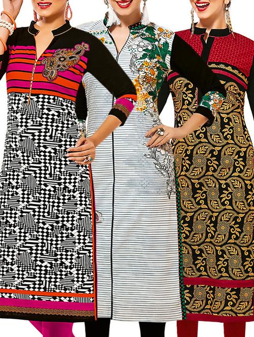 set of 3 multi colored cotton unstitched kurta - 13377418 - Very Small Image - 1