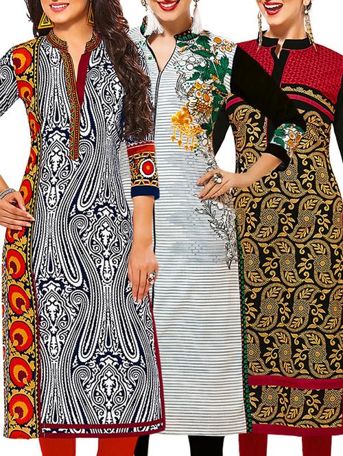 set of 3 multi colored cotton unstitched kurta - 13377421 - Very Small Image - 1