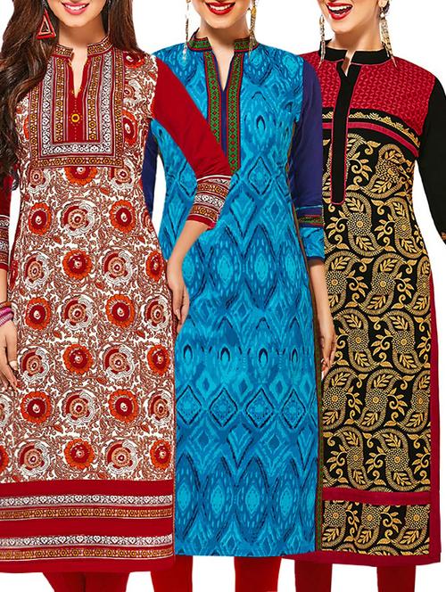 set of 3 multi colored cotton unstitched kurta - 13377424 - Very Small Image - 1