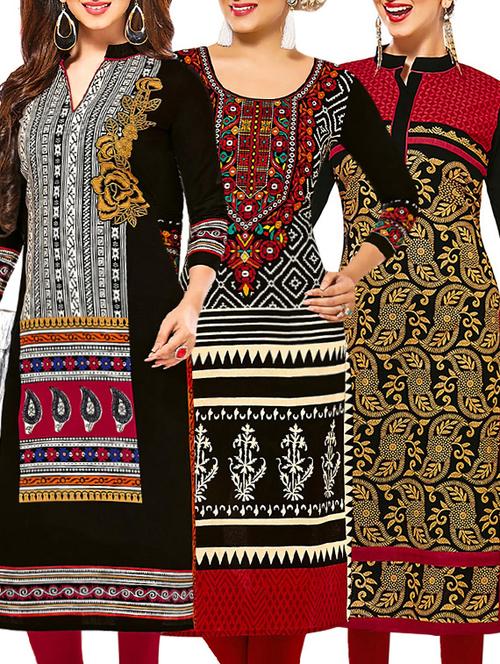 set of 3 multi colored cotton unstitched kurta - 13377429 - Very Small Image - 1