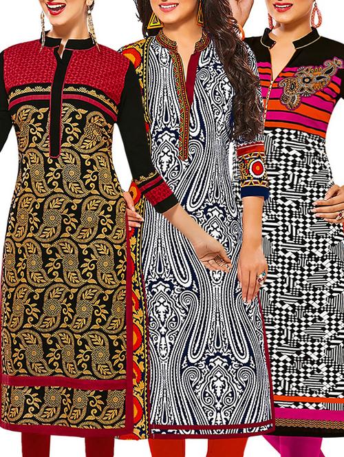 set of 3 multi colored cotton unstitched kurta - 13377433 - Very Small Image - 1