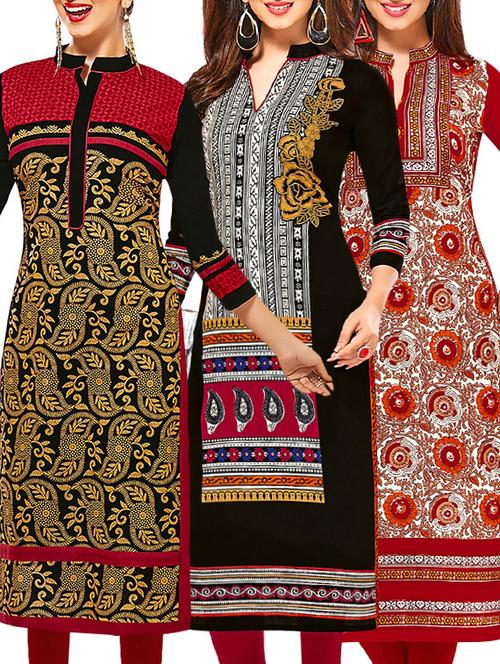 set of 3 multi colored cotton unstitched kurta - 13377434 - Very Small Image - 1