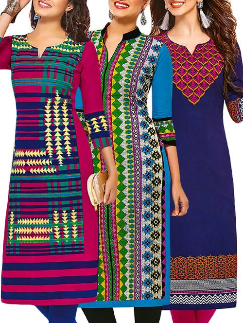 set of 3 multi colored cotton unstitched kurta - 13377439 - Very Small Image - 1