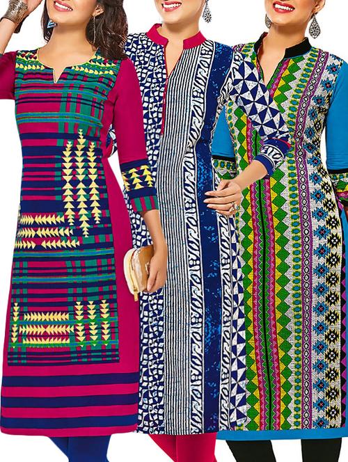 set of 3 multi colored cotton unstitched kurta - 13377445 - Very Small Image - 1