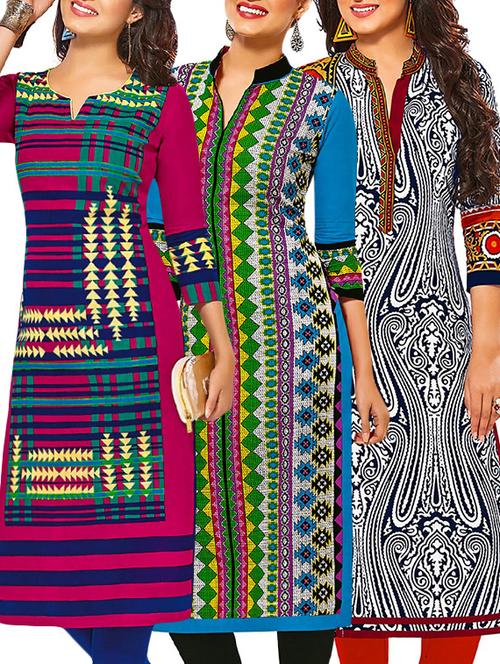 set of 3 multi colored cotton unstitched kurta - 13377457 - Very Small Image - 1