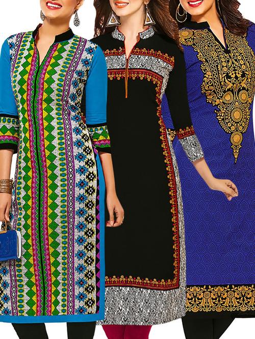 set of 3 multi colored cotton unstitched kurta - 13377460 - Very Small Image - 1