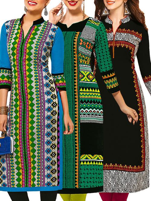 set of 3 multi colored cotton unstitched kurta - 13377461 - Very Small Image - 1