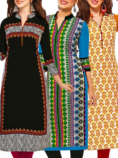 set of 3 multi colored cotton unstitched kurta - 13377464 - Very Small Image - 1