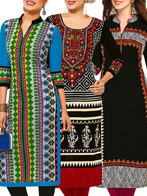set of 3 multi colored cotton unstitched kurta - 13377473 - Very Small Image - 1