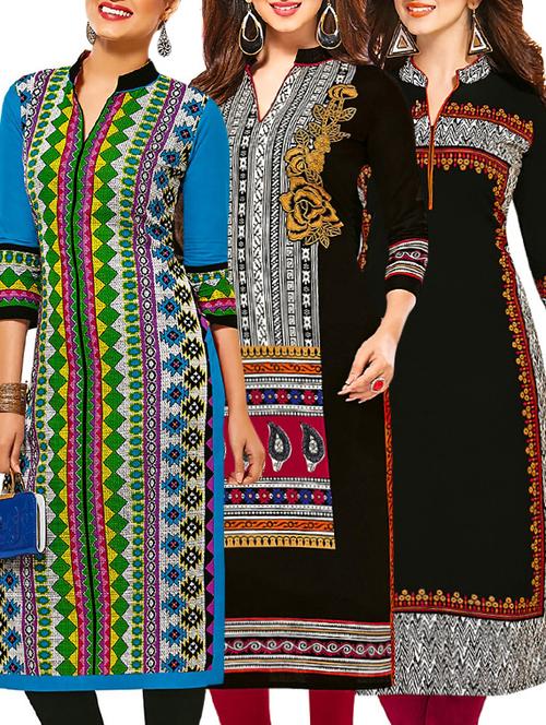 set of 3 multi colored cotton unstitched kurta - 13377476 - Very Small Image - 1