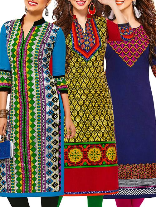 set of 3 multi colored cotton unstitched kurta - 13377478 - Very Small Image - 1