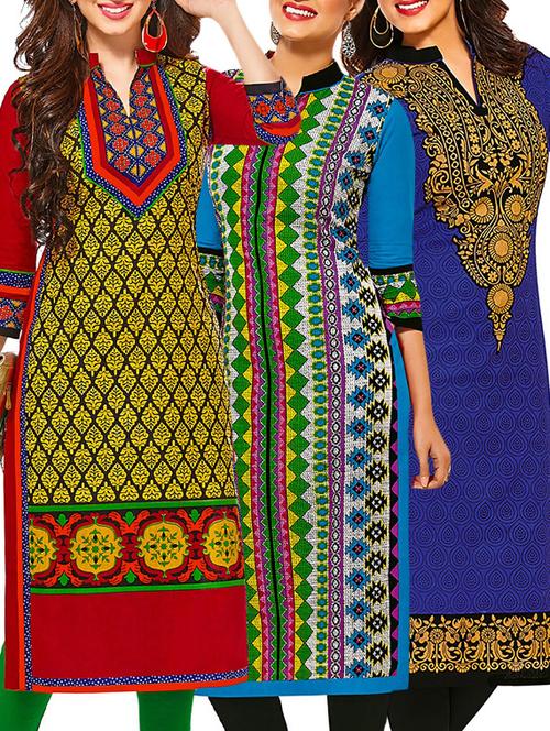 set of 3 multi colored cotton unstitched kurta - 13377479 - Very Small Image - 1