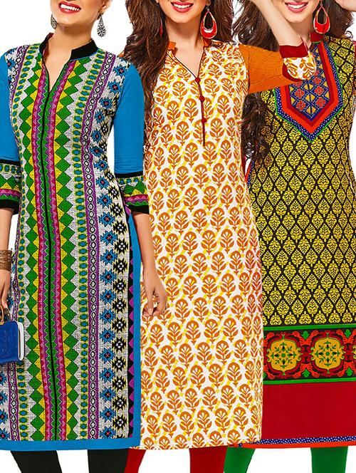 set of 3 multi colored cotton unstitched kurta - 13377483 - Very Small Image - 1